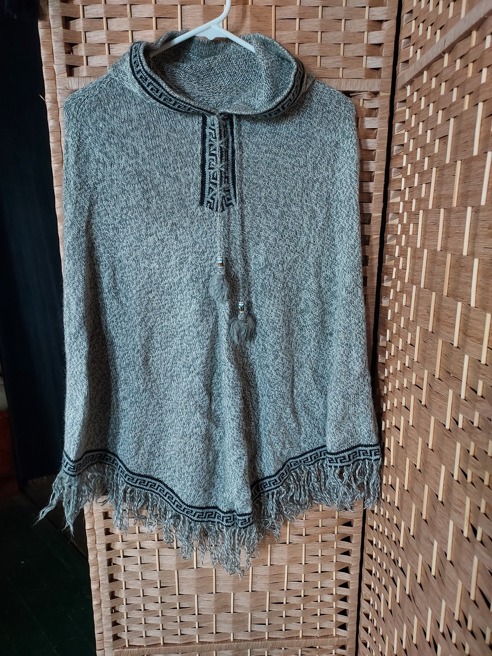 Handmade Hooded Alpaca Wool Poncho | Gray Fringe Sweater Cape | One Size